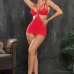 Elawin 5335 Kırmızı Simli Seksi Gece Elbisesi